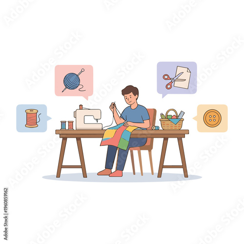 A man is actively sewing colorful fabric on a machine indoors.