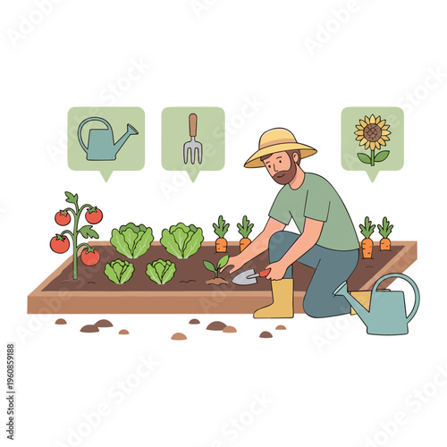 Man gardening in raised bed with plants and tools outside