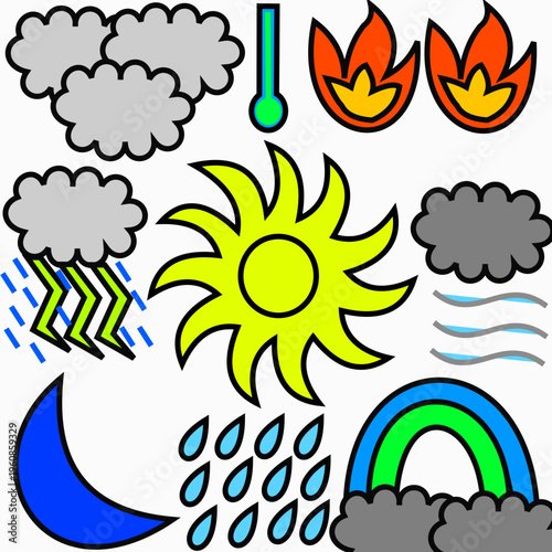 Sun. Clouds. Moon. Rainbow. Temperature. Rain.
