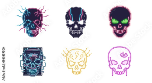 Collection of six diverse, stylized neon skull icons with glowing lights and glitch effects against a white background, showcasing abstract and futuristic design motifs.