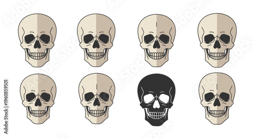 Repetitive arrangement of light-colored human skulls with one contrasting dark, ominous skull standing out within a clean, minimalist vector art composition.