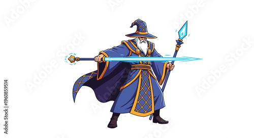 A formidable, wizened wizard with a long white beard in a magical blue robe and pointy hat, wielding a glowing staff emitting an electric blue spell against an unseen foe.