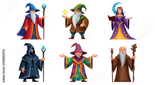 A diverse collection of six cartoon wizards and witches showcasing magical powers and attire, rendered in a vibrant, playful illustration style on a white background.