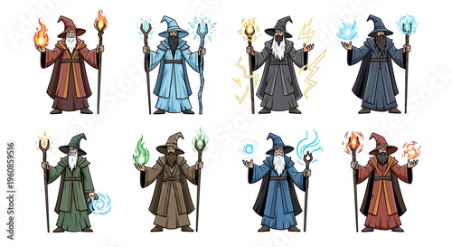 Collection of eight diverse fantasy wizards casting elemental spells—fire, ice, lightning, nature, water, earth, energy, and arcane magic, rendered in a vibrant comic book style.