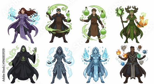 A vibrant and detailed digital artwork showcasing a collection of eight powerful mages, each demonstrating expertise with different elements in a fantasy setting, embodying diverse magical p