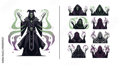 A detailed, stylized depiction of a dark sorcerer or necromancer figure, with a skeletal face, hooded cloak, and conjuring ethereal energy or magic, set against a white background; fantasy d