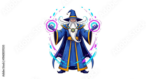 A majestic wizard, depicted in a vibrant cartoon style, wearing a long blue robe and hat, conjuring magical orbs of energy with expressive hands against a clean, white background, suitable f