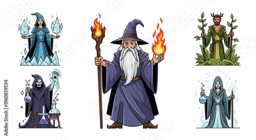 A collection of stylized fantasy wizard characters in a flat cartoon art style, including a fire mage, ice mage, druid, and necromancer, all holding magical items, suitable for games and fan
