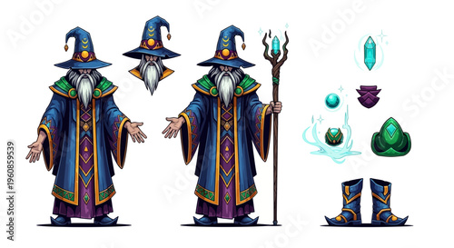 A detailed digital painting of a wise wizard character in various poses and with included separate elements and accessories, showcasing a vibrant artistic style against a clean white backgro