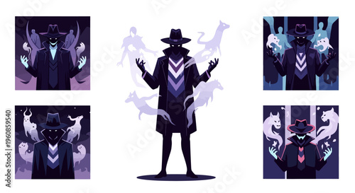 Mysterious, enigmatic figure in a long coat and hat, surrounded by ethereal animal spirits, with a flat, geometric art style, evoking a sense of dark magic or occultism against a clean white