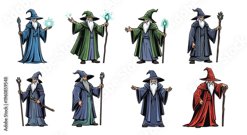 A collection of stylized, isolated full-body portraits of fantasy wizards in various colored robes and hats, holding staffs and conjuring glowing magic spells against a pure white backdrop.