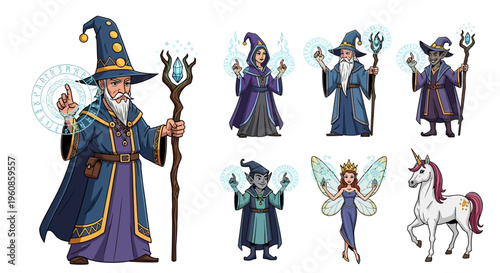 A vibrant assortment of fantasy characters, including wise wizards with glowing magic, a mysterious dark elf, a graceful fairy with shimmering wings, and a majestic unicorn, presented in a p