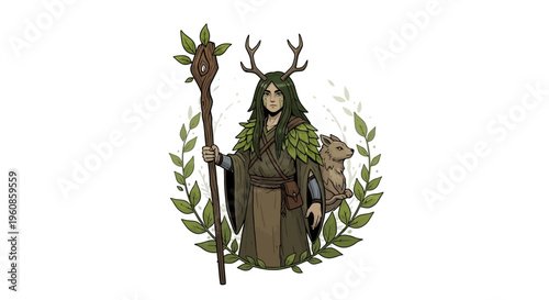 A detailed, digitally painted character design depicting a forest elder, a guardian figure adorned with leaves and antlers, holding a staff while accompanied by a creature, all set against a