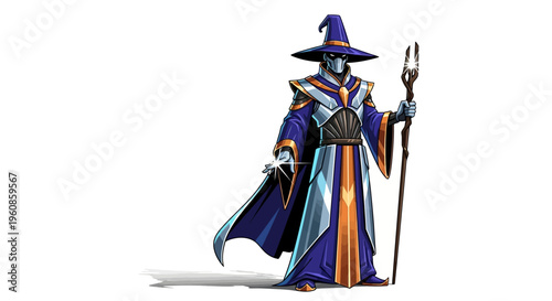 A detailed, digitally painted fantasy wizard character, standing confidently in a stylized, epic pose with a staff, isolated on a clean white background, ready for adventure.