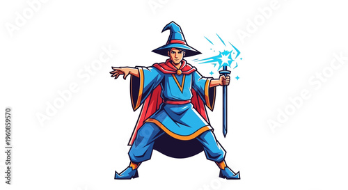 A captivating digital art depiction of a wizard, clad in flowing robes and a pointed hat, conjuring magical energy, standing against a clean white backdrop, in a fantasy adventure setting, p