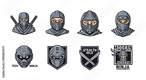 Set of eight stylized ninja graphic avatars and logo designs, featuring masked figures with a modern and stealthy aesthetic. The graphics are suitable for emblems, badges, or mascot elements