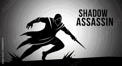 Silhouette of a shadow assassin, leaping forward with a blade, stylized in a dramatic black and white comic book art style emphasizing action and suspense, ready for combat