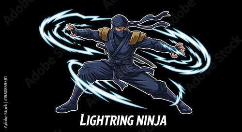 Martial arts warrior in traditional dark costume with electrical energy swirling around preparing for combat