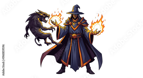 Mystical wizard casting energy orbs in combat against a fierce creature during an arcane battle scene illustration