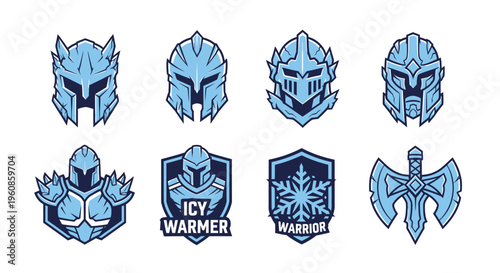 Collection of fantasy knight helmets and shields in cool blue tones for game design and esports branding