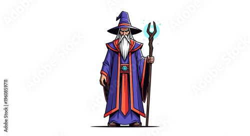 Fantasy Wizard Holding Magical Staff With Glowing Orb On White Background