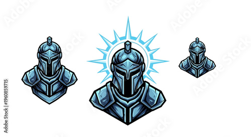 Digital Rendering Of Medieval Warrior Helmets With Ornate Metal Armor Detailed And Stylized For Fantasy Game Or Historical Theme Iconography