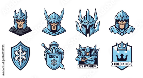 Collection of Warrior Emblems Featuring Ice Armor and Shields for Fantasy Gaming and Sports Branding Elements