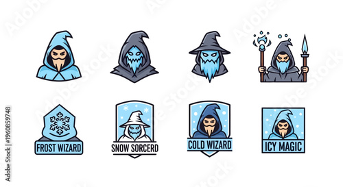 Collection of mystical winter sorcerers and frosty emblems for fantasy game design and magical branding opportunities