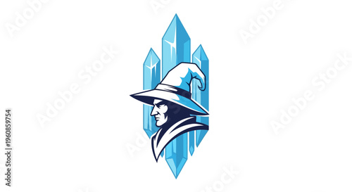 Mysterious wizard wearing a pointed hat with ice crystal background emblem and symbol for fantasy and magic themes