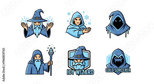 Collection Of Fantasy Wizard Character Icons With Magical Ice Elements For Gaming And Fantasy Projects