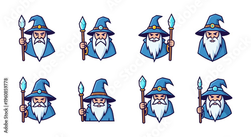 Collection of Fantasy Wizard Character Avatars with Magic Wands and Crystal Staffs for Game Design and Illustration Projects