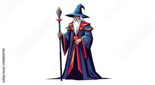 Enchanting Wizard Character Holding Magical Staff With Pointed Hat And Flowing Robes Isolated On White Background For Fantasy Concepts