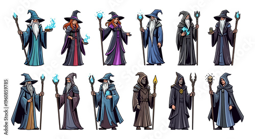 Collection of diverse fantasy wizards and sorcerers in assorted robes and staffs casting magical spells and conjuring energy in a studio setting