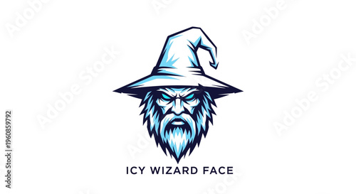 Mascot Character Head of a Frosty Magical Sorcerer with Blue Ice Beard and Pointed Hat Emblem for Gaming or Fantasy Brands
