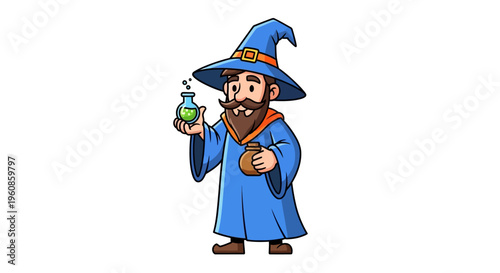 Whimsical Cartoon Wizard Character with Blue Robe Holding Potion and Pouch Ready for Magical Adventure