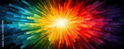 Bright colorful light burst radiating outward from  central point in abstract rectangular shapes
