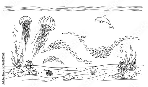 Minimalist Underwater Ocean Vector Illustration with Jellyfish, Dolphin, and Fish Line Art