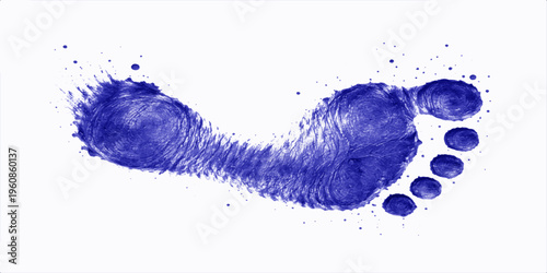 A detailed blue ink footprint showing clear skin texture and fingerprint patterns on a white background