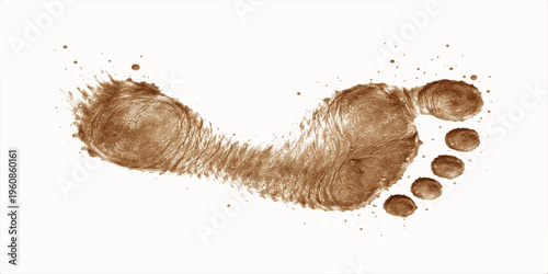 A detailed brown mud footprint showing texture and skin ridge patterns on a clean white background