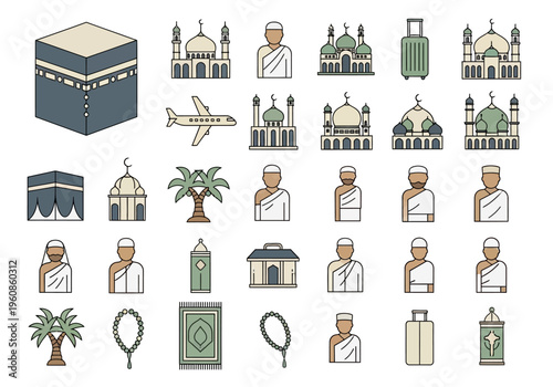Islamic Hajj and Umrah Pilgrimage Icon Set - Flat Line Illustrations of Kaaba, Mosque, Pilgrims in Ihram, and Travel Symbols for Religious Content