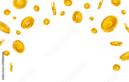 Falling gold coins with pound symbol isolated on transparent background. Golden coins confetti rain for finance and business concept