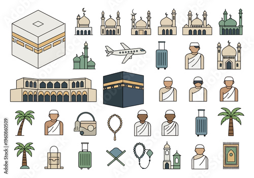 Islamic Hajj and Umrah Icon Set: Pilgrims, Kaaba, Mosques, and Travel Elements for Religious Pilgrimage