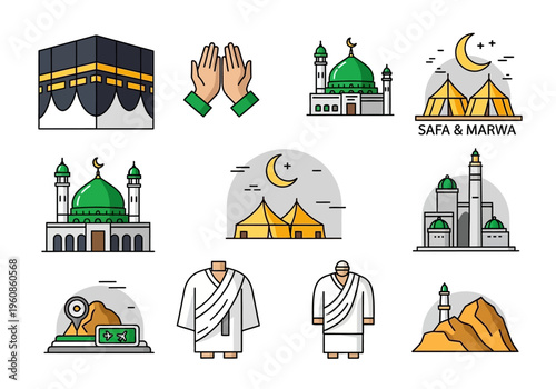 Hajj and Umrah Islamic Pilgrimage Icon Set Featuring Kaaba, Prophet's Mosque, Ihram Clothing, Tents at Mina, and Praying Hands - Vector Illustrations for Religious Use