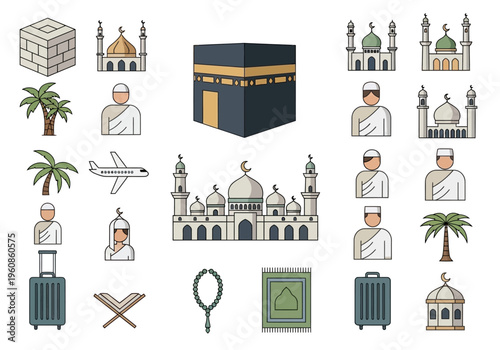 Hajj and Umrah Islamic Pilgrimage Icon Set - Flat Vector Illustrations of Kaaba, Mosque, Pilgrims, and Travel Symbols for Religious Celebrations