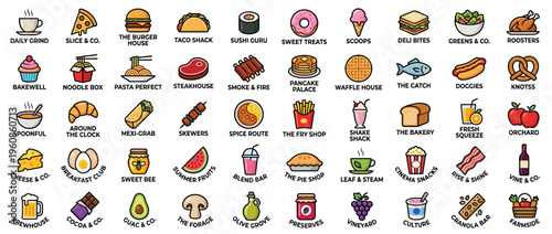 A variety of colorful food icons.