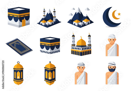 Flat Vector Islamic Hajj and Umrah Icon Set Featuring Kaaba, Mosque, Pilgrims in Ihram, Lanterns, and Prayer Rug for Ramadan and Eid Celebrations