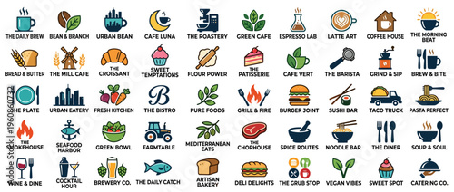 Collection of colorful food and drink icons.