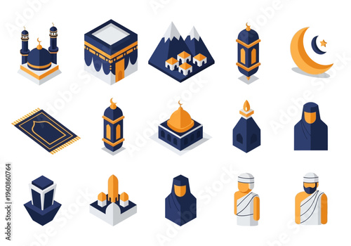 Isometric Islamic Icon Set for Hajj, Umrah, and Ramadan - Kaaba, Mosque, and Pilgrims