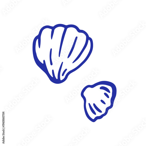 Scallop shells, doodle sketch drawing in Dolce vita style. Seashells, mollusks. Sea coastal molluscs. Seafood, beach marine food. Hand-drawn scribble vector illustration isolated on white background.