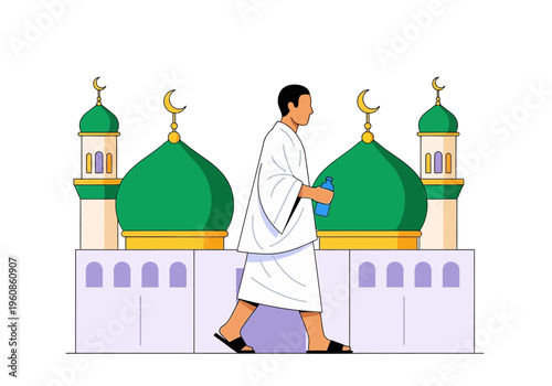 Muslim Pilgrim in Ihram Walking with Water Bottle Near Mosque, Hajj or Umrah Pilgrimage Concept Vector Illustration